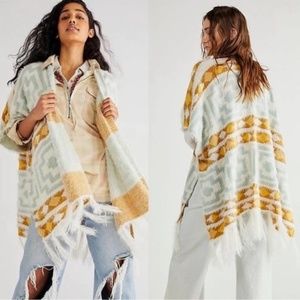 Free People Diamondback Southwestern Fringe Trim Poncho Cardigan One Size OS